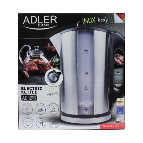SALE OUT. Adler AD 1216 Cordless Water Kettle, 1.7L, 2000W, Filter, Boil-dry protection, Rotary base 360 degree, Illumination, I