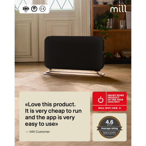 Mill CO1200WIFI3BLACK GEN3 Convection Heater, 1200W, Steel fronts, LED display, Black | Mill | Heater | CO1200WIFI3BLACK GEN3 | 