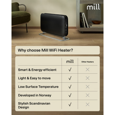 Mill CO1200WIFI3BLACK GEN3 Convection Heater, 1200W, Steel fronts, LED display, Black | Mill | Heater | CO1200WIFI3BLACK GEN3 | 
