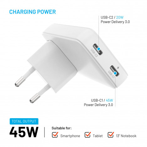 Fixed Slim Traveller 2xUSB-C Travel Charger with world adapters, GaN, 45W | White