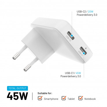 Fixed Slim 2xUSB-C Travel Charger, GaN, PD support