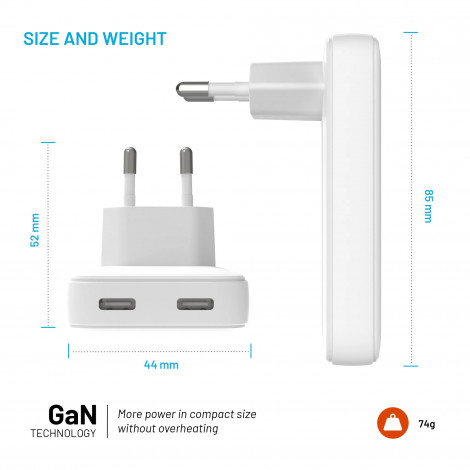 Fixed Slim 2xUSB-C Travel Charger, GaN, PD support