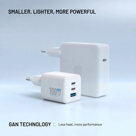 Fixed GaN Network Charger Mini with 2xUSB-C and USB output, PD support, 100 W, white | FIXCG100M-2C1A-WH