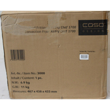 SALE OUT. | Caso | Air Fryer | 03000 AirFry Chef 1700 | Power 1700 W | Capacity 22 L | Black | DAMAGED PACKAGING | 24 month(s)