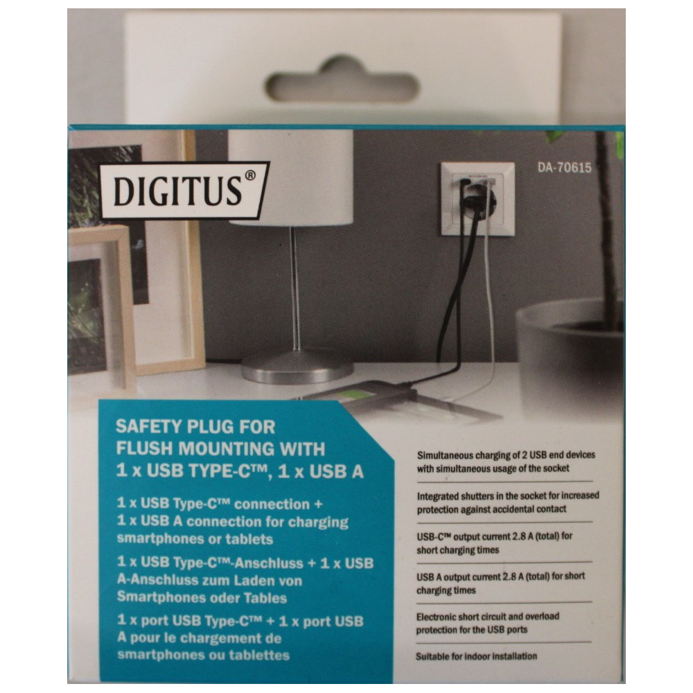 SALE OUT. DIGITUS Safety Plug for Flush Mounting with 1 x USB Type-C, 1 x USB A | Digitus | Safety Plug for Flush Mounting with 
