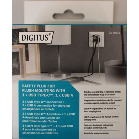 SALE OUT. DIGITUS Safety Plug for Flush Mounting with 1 x USB Type-C, 1 x USB A | Digitus | Safety Plug for Flush Mounting with 
