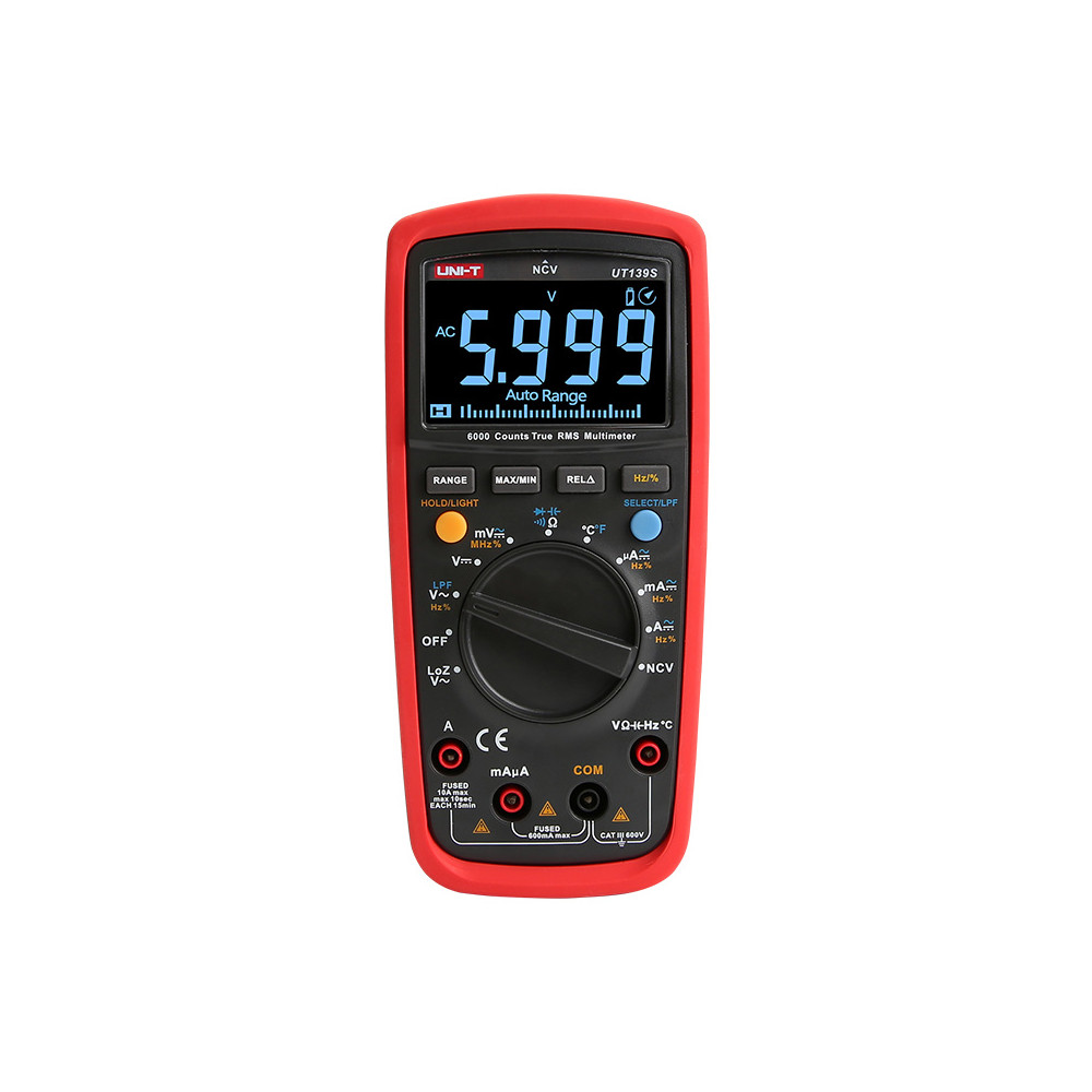 UNI-T UT139S True RMS Digital Multimeter with Analog Bar Graph, 600 V AC/DC, 10 A AC/DC, 60 MΩ, 100 mF, 10 mHz, -40 to 1000 C