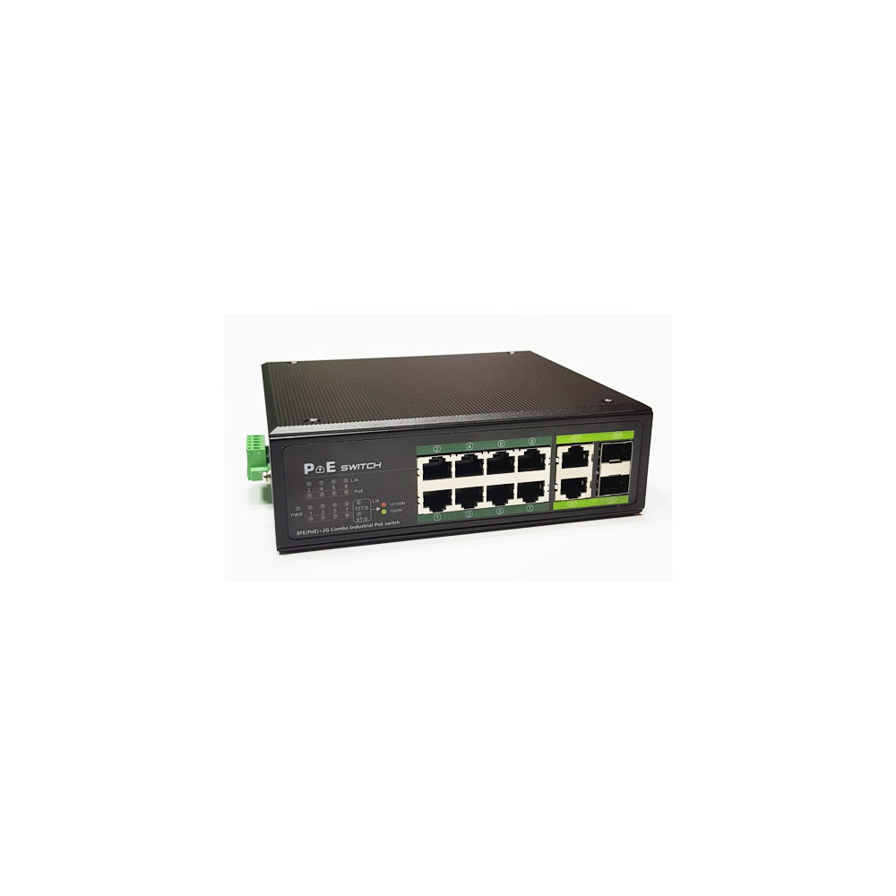 Industrinis PoE šakotuvas 100Mbps 8portų+2G uplink RJ45 arba SFP portai, -40 C, IEEE802.3af/at