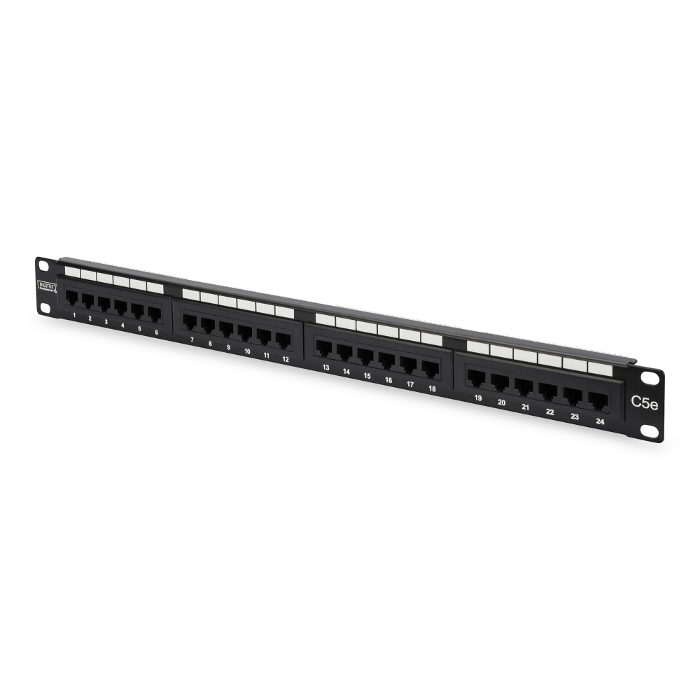 Digitus Patch Panel DN-91524U Black, 48.2 x 4.4 x 10.9 cm, Category: CAT 5e Ports: 24 x RJ45 Retention strength: 7.7 kg Insertio