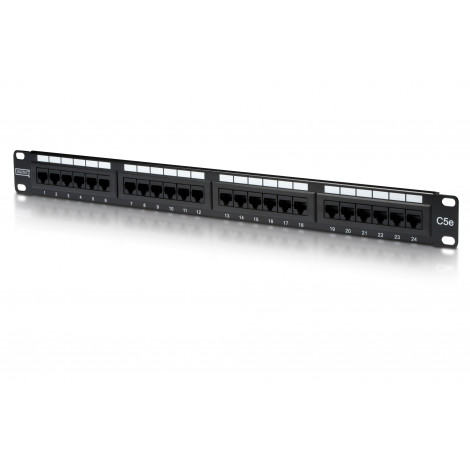 Digitus Patch Panel DN-91524U Black, 48.2 x 4.4 x 10.9 cm, Category: CAT 5e Ports: 24 x RJ45 Retention strength: 7.7 kg Insertio