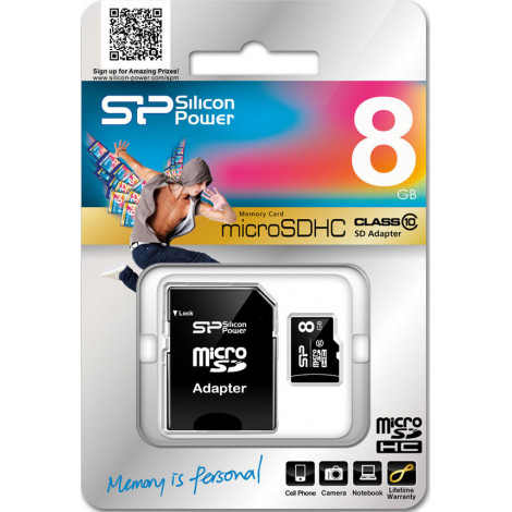 Silicon Power 8 GB, MicroSDHC, Flash memory class 10, SD adapter