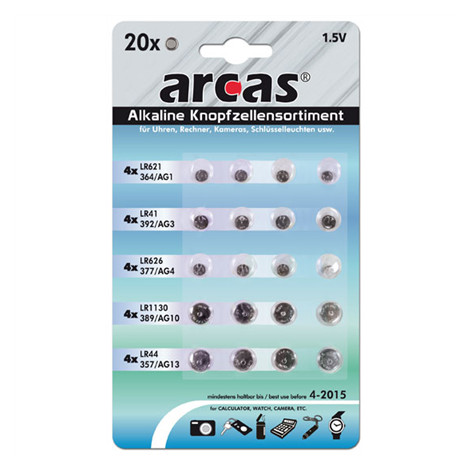 Arcas AG Set 4xAG1, 4xAG3, 4xAG4, 4xAG10, 4xAG13, Alkaline Buttoncell, 20 pc(s)