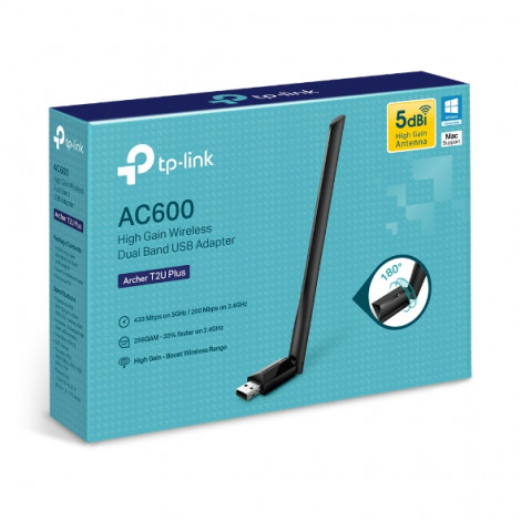 TP-LINK Dual Band USB 2.0 Adapter Archer T2U Plus 2.4GHz/5GHz, 802.11ac, 200+433 Mbps, 1xExternal antenna 5dBi