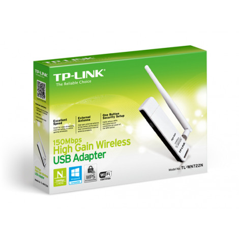 TP-LINK USB 2.0 Adapter TL-WN722N 2.4GHz, 802.11n, 150 Mbps, 1xDetachable antenna 4dBi