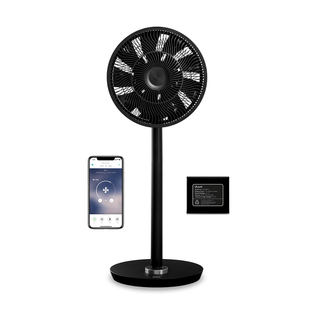 Duux Smart Fan Whisper Flex Smart Black with Battery Pack Stand Fan, Timer, Number of speeds 26, 2-22 W, Oscillation, Diameter 3