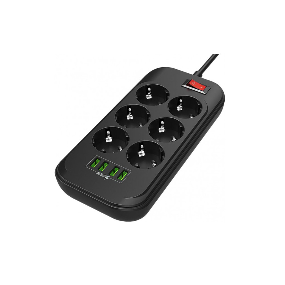 ColorWay Power Socket CW-CHE64B Black, 4xUSB, 2 m, 250 V, 6 euro sockets, 17 W