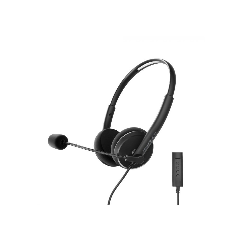 Energy Sistem Headset Office 2+ Black, USB and 3.5 mm plug, volume control, retractable boom mic.