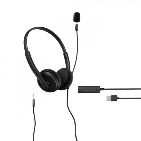 Energy Sistem Headset Office 2+ Black, USB and 3.5 mm plug, volume control, retractable boom mic.