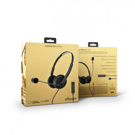 Energy Sistem Headset Office 2+ Black, USB and 3.5 mm plug, volume control, retractable boom mic.