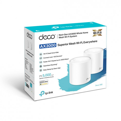 TP-LINK AX3000 Whole Home Mesh Wi-Fi 6 System Deco X60 (2-pack) 802.11ax, 2402+574 Mbit/s, 10/100/1000 Mbit/s, Ethernet LAN (RJ-