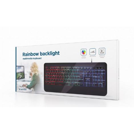 Gembird Slim "Rainbow" backlight multimedia keyboard KB-UML-03 USB Keyboard, Wired, US, Black