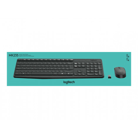 Logitech MK235 Wireless Keyboard and mouse pack, Wireless, Mouse included, Batteries included, Black, US International, 475 g